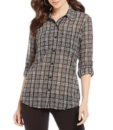 Women's Tweed Haberdashery Print Georgette Roll-Sleeve Shirt-B-L Black
